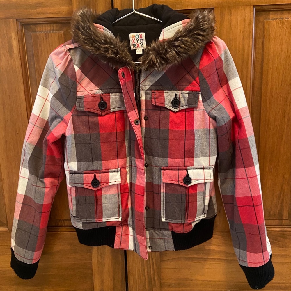 Roxy Red Plaid Zip-Up Jacket